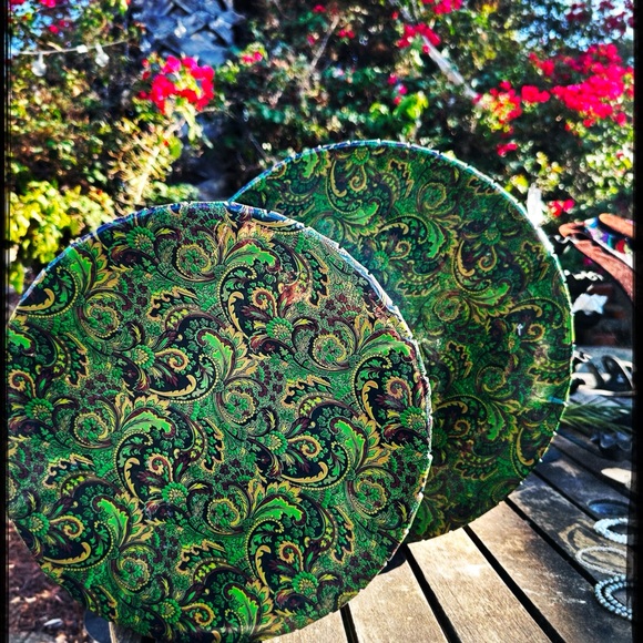 2 Nesting Vinyl Hat Trunks Green Paisley. $125. Specify if wanting 1 or 2.